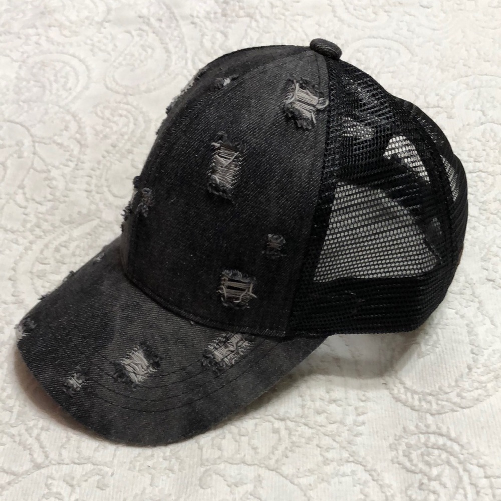 C.C Exclusives Ponytail Hat for Women Distressed Black Cap - Picture 4 of 8